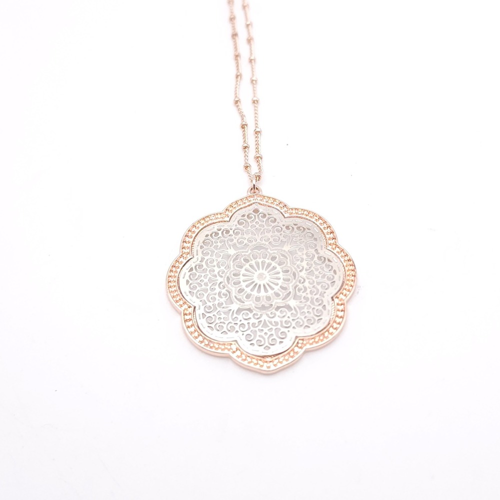 Floral Filigree Pendant Necklace Two Tone Rose Gold Silver Station Chain 29-32in - Picture 5 of 5